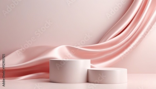 Two cylindrical white podiums with a flowing pink silk fabric drape, ideal for product presentation or mock-up