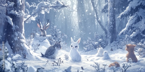 Frosty Friends: A Whimsical Animated Snow Scene with Companionable Snow Creatures, Celebrating the Playful Side of Winter. photo