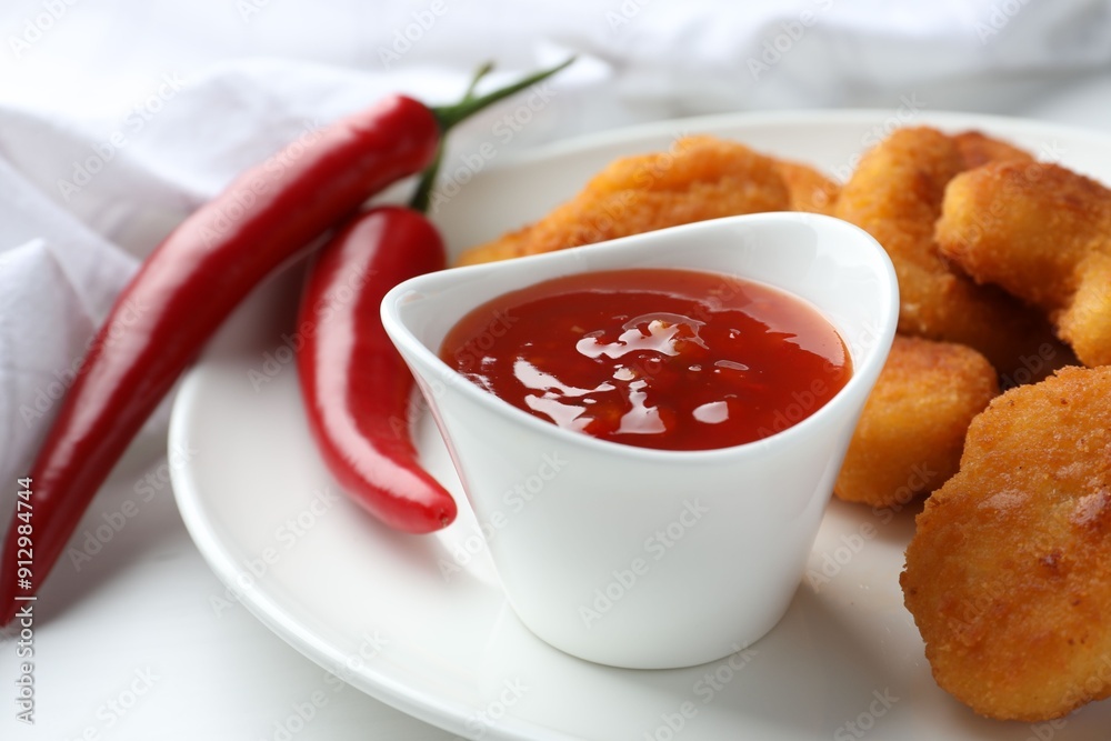 Tasty chicken nuggets with chili sauce on white table, closeup Tasty chicken nuggets with chili sauce on white table, closeup