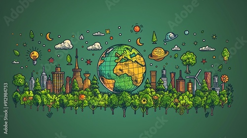 Earth with renewable energy and water conservation symbols minimal icon flat green background style space for Ad photo