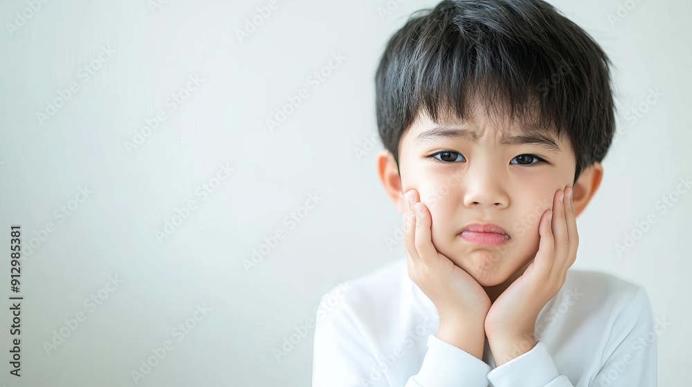 Young boy with a sad expression, holding his face in both hands, wearing a white shirt against a plain background.