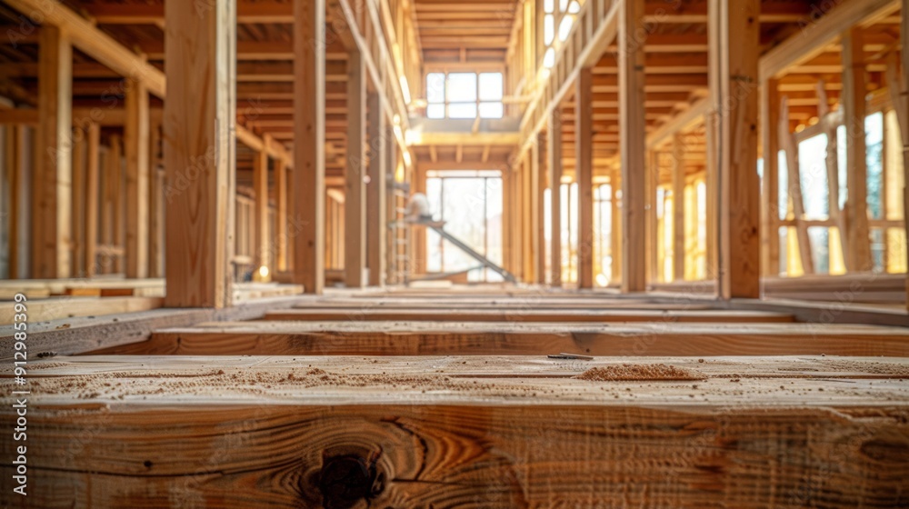 Fototapeta premium Wooden house frame under construction with natural lighting