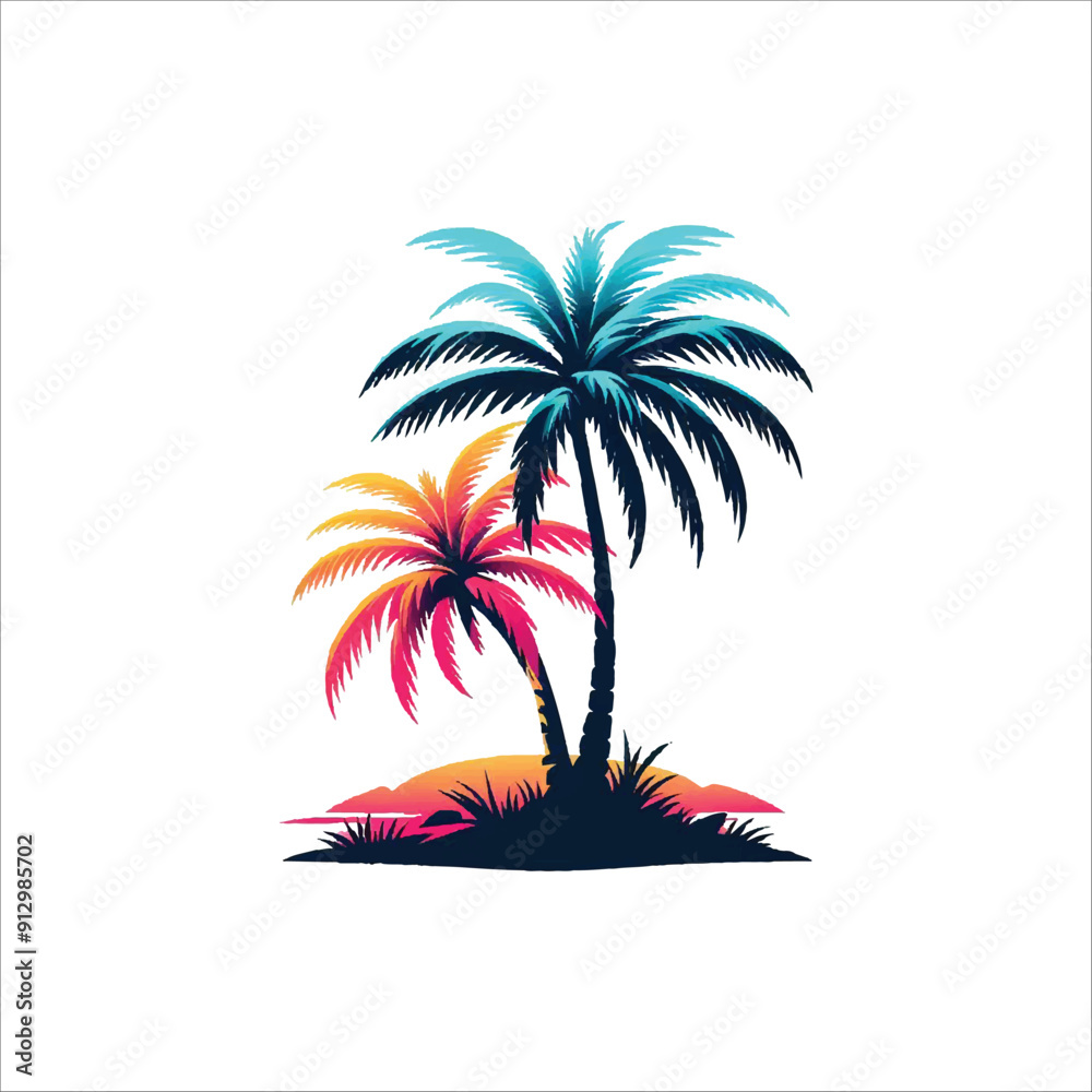 Minimalist vector illustration of a palm tree silhouette against a colorful sunset beach, Beach sunset with palm tree silhouette Minimalist vector illustration of a palm tree silhouette against a colorful sunset beach, Beach sunset with palm tree silhouette