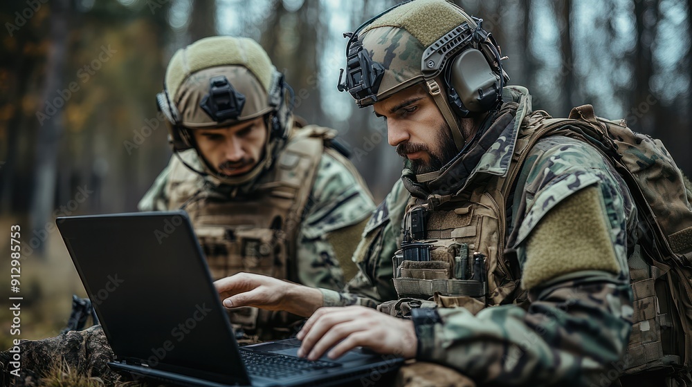Two soldiers in full gear attentively using a laptop, showcasing teamwork and field communication capacity Two soldiers in full gear attentively using a laptop, showcasing teamwork and field communication capacity