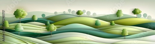 Paper Cutout Hills with Green Trees, paper cut , 3D rendering, abstract landscape , nature , art , illustration