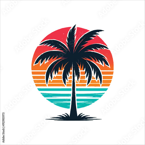 Minimalist vector illustration of a palm tree silhouette against a colorful sunset beach, Beach sunset with palm tree silhouette