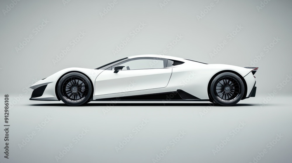 Fototapeta premium White sports car is shown like a studio photo with a gray background and a black rimmed tire. Supercar concept. Side view. Generative AI technology. sports. Illustrations