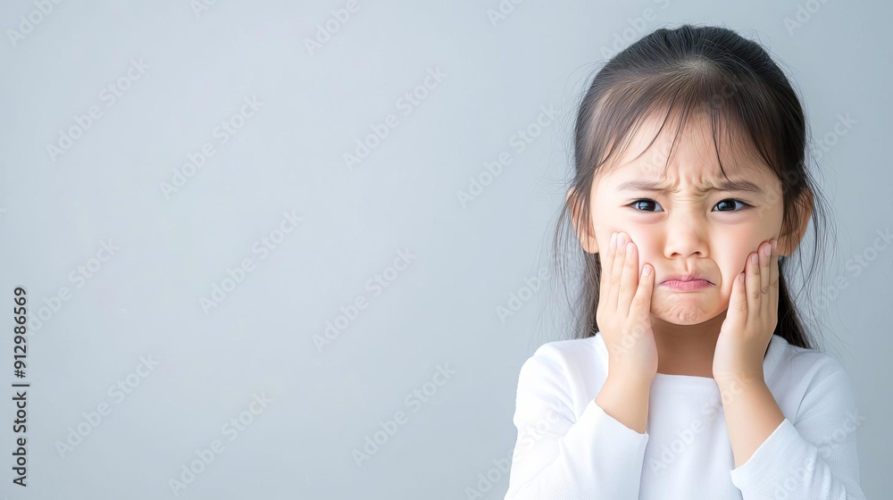 Adorable little girl making a cute and funny face while pressing her cheeks with hands against a plain background. Childhood emotions concept. Adorable little girl making a cute and funny face while pressing her cheeks with hands against a plain background. Childhood emotions concept.