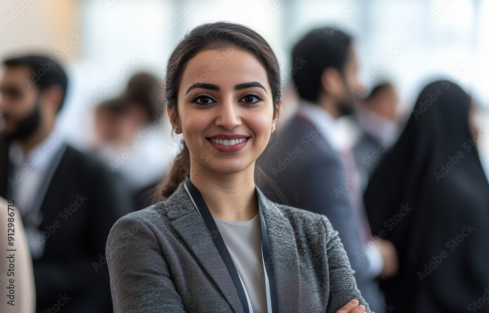 Smiling businesswoman in professional attire standing with arms crossed at a networking event. Corporate networking and career development concept Smiling businesswoman in professional attire standing with arms crossed at a networking event. Corporate networking and career development concept