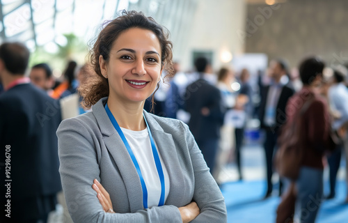 Smiling businesswoman with lanyard standing with arms crossed at a networking event in a conference hall. Corporate networking and career development concept photo