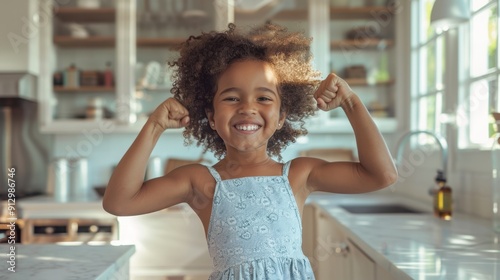 The smiling girl flexing arms
