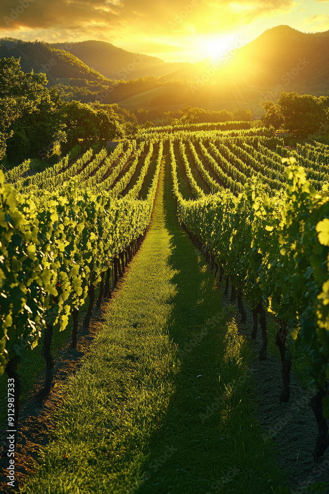 Naklejka premium Sunlit Grape Vines in a Vineyard