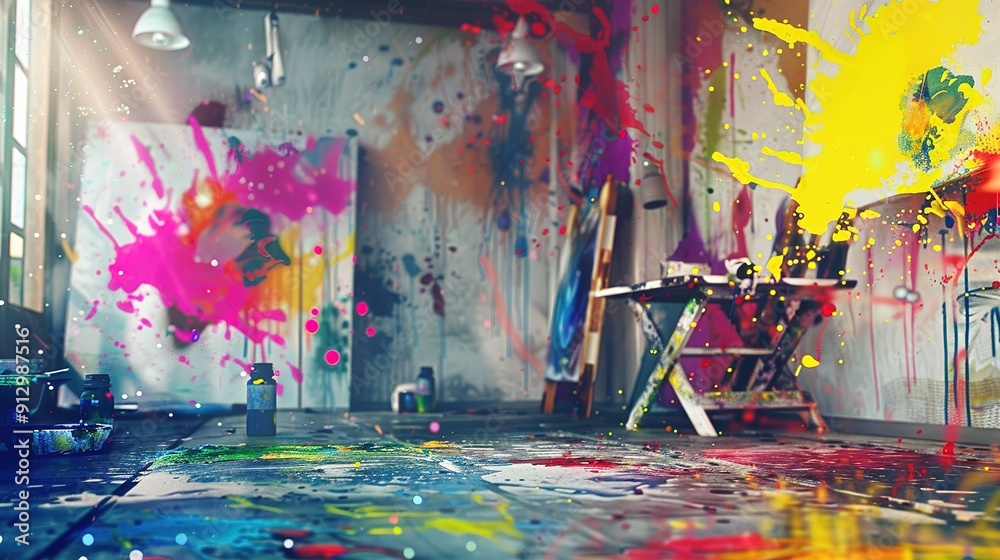 Fototapeta premium Vibrant Art Studio Filled With Colorful Paint Splashes on Walls and Floor