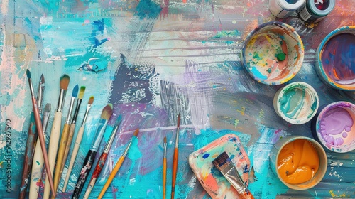 Colorful Artist Workspace Featuring Paint, Brushes, and Creative Tools on a Vibrant Surface