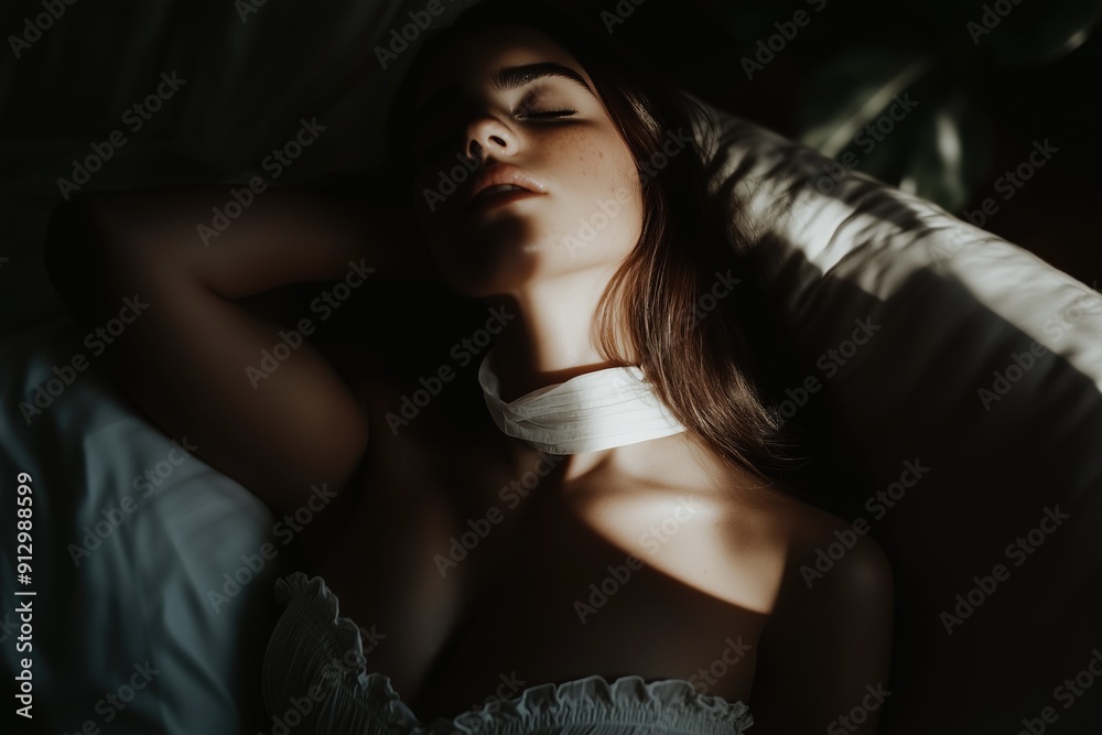 Naklejka premium Woman Lying in Bed with Soft Lighting and Dramatic Shadows