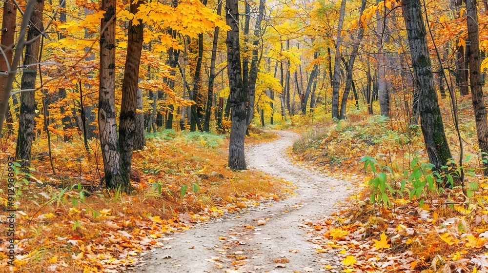 Fototapeta premium Winding Path Through Vibrant Fall Forest With Colorful Leaves and Trees