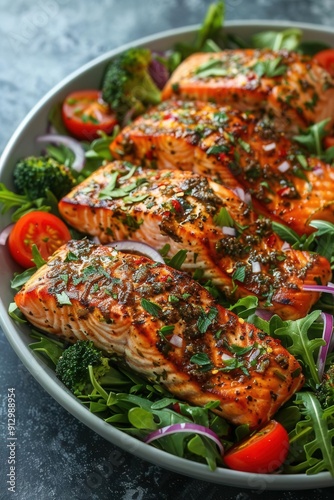 Grilled salmon served alongside a crisp green leafy salad with tomatoes, red onion, and broccoli Bright, fresh, and nutritious