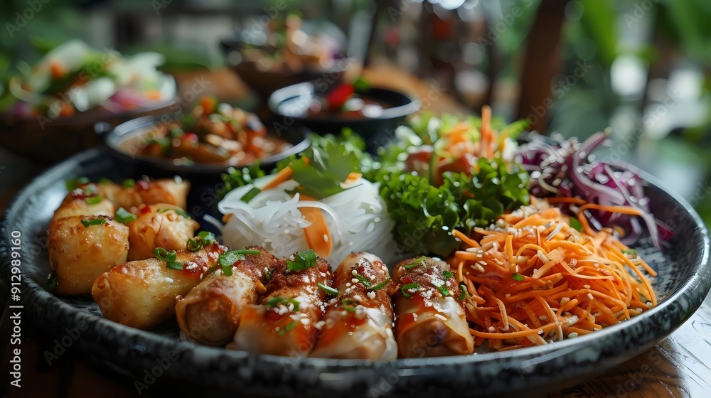 A plate of food with a variety of vegetables and noodles A plate of food with a variety of vegetables and noodles