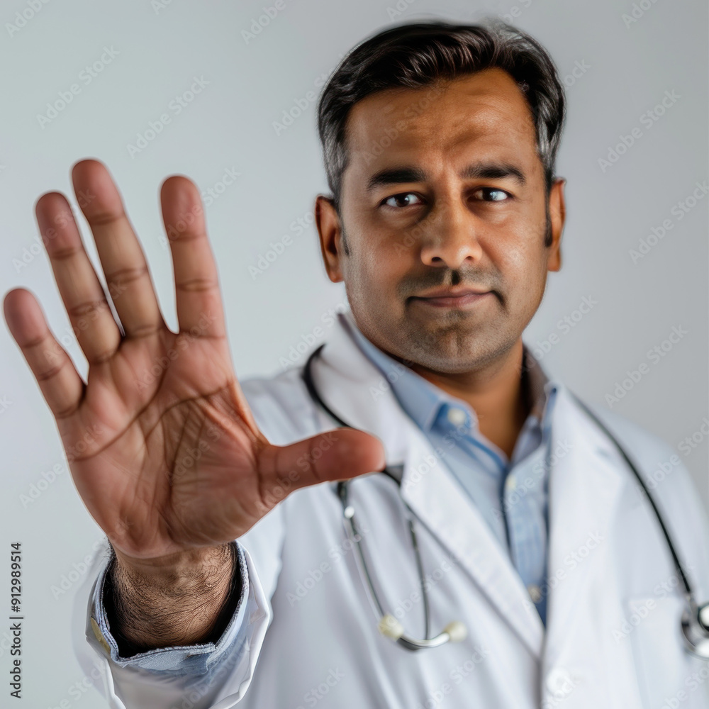 indian doctor standing with stop sign on white background indian doctor standing with stop sign on white background