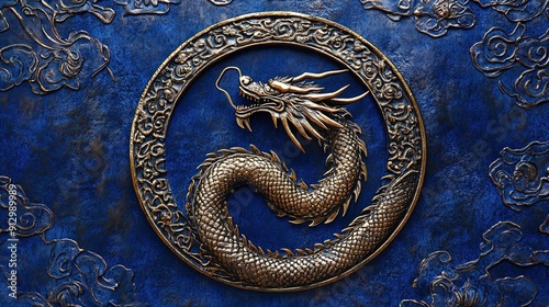 Stunning Bronze Dragon Emblem: A Striking Poster for Sports Interiors, Featuring Intricate Details on a Rich Blue Leather-Like Background photo