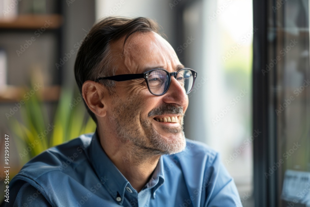A man with glasses is smiling and looking out the window. He is wearing a blue shirt and a blue tie A man with glasses is smiling and looking out the window. He is wearing a blue shirt and a blue tie