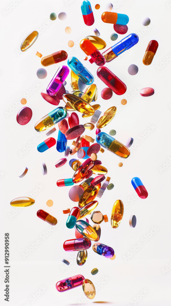 Colorful pills and capsules falling in mid-air on white background Colorful pills and capsules falling in mid-air on white background