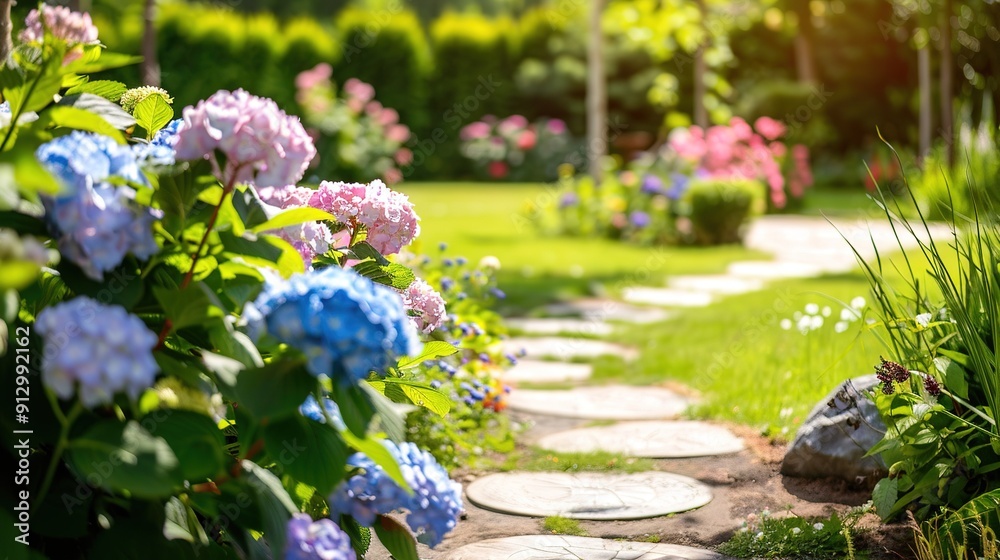 Obraz premium Colorful Hydrangeas Line A Serene Garden Pathway In Springtime Sunshine