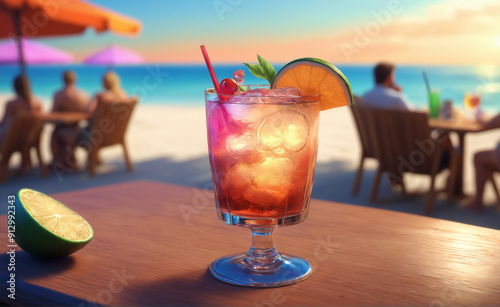 Refreshing cocktail in a glass on a wooden table in a beach club during sunset. Alcohol cocktails with ocean view, party nightlife at beachclub. photo