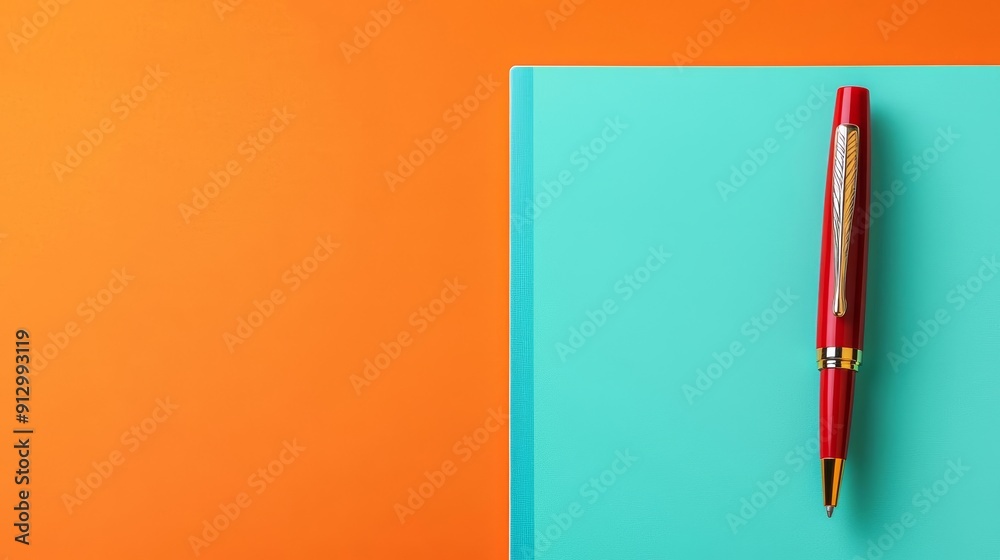 Close-up of a bright red pen resting on a turquoise notepad, the orange background creating a vivid and dynamic office concept Close-up of a bright red pen resting on a turquoise notepad, the orange background creating a vivid and dynamic office concept