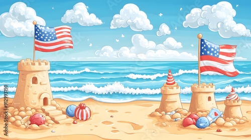 Cartoon characters enjoying a summer day on the beach for Independence Day with sandcastles flags and ice cream