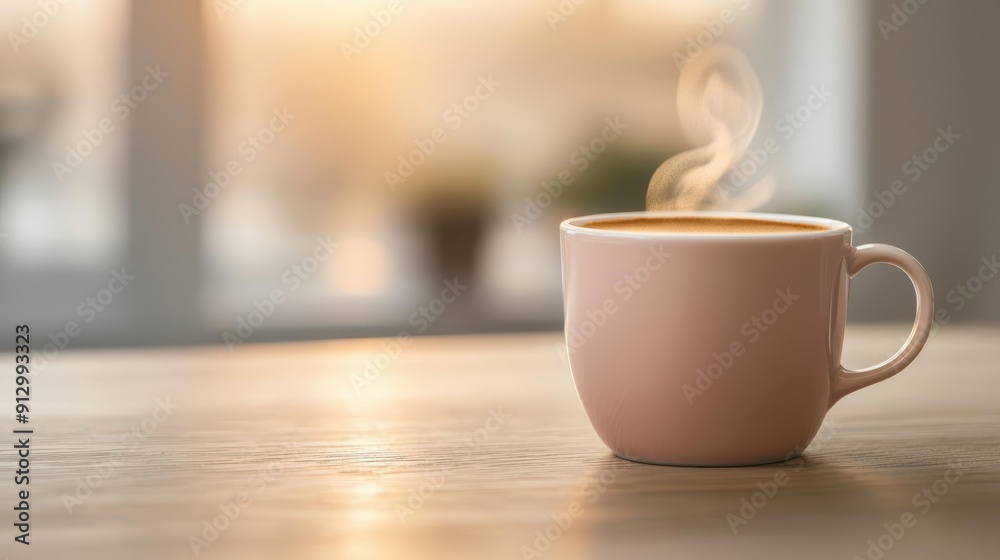 Close-up of a steaming coffee cup on a wooden table, bathed in the soft light of a sunrise, evoking a sense of warmth and comfort Close-up of a steaming coffee cup on a wooden table, bathed in the soft light of a sunrise, evoking a sense of warmth and comfort