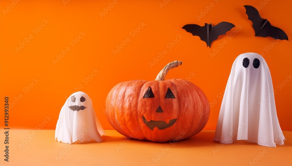 A jack o lantern smiles beside two friendly ghosts on an orange background A jack o lantern smiles beside two friendly ghosts on an orange background