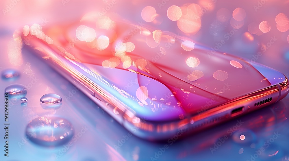 Colorful Smartphone With Bubbles on Surface Surrounded by Soft Glowing Lights at Night Colorful Smartphone With Bubbles on Surface Surrounded by Soft Glowing Lights at Night