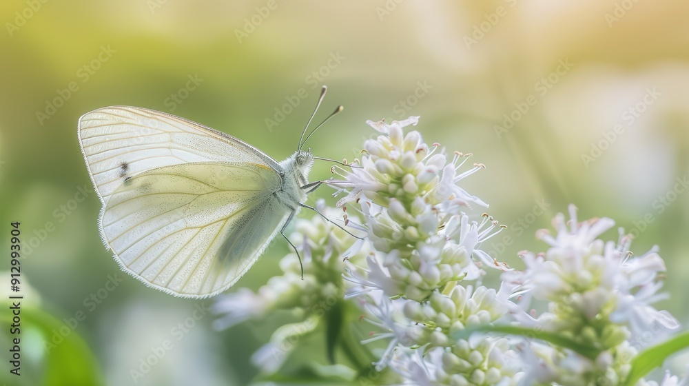 Delicate White Butterfly Pollinates Blooming Flowers in Afternoon Garden Light Delicate White Butterfly Pollinates Blooming Flowers in Afternoon Garden Light