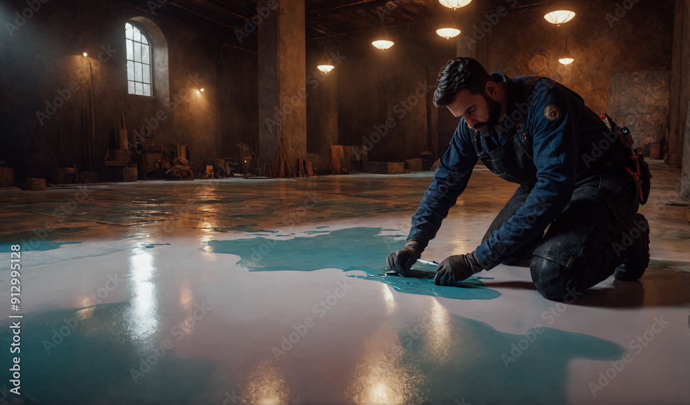 Male worker in overalls is engaged in self-leveling flooring. Male worker in overalls is engaged in self-leveling flooring.