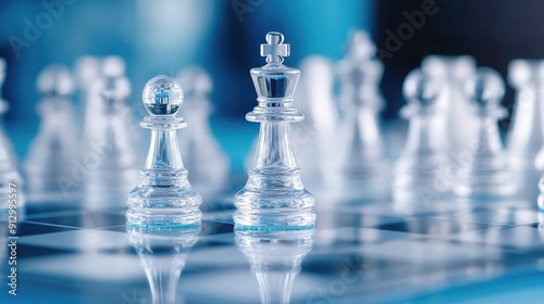 Close-up of transparent glass chess pieces on a reflective board with a blue background, symbolizing strategy and intellectual challenge.