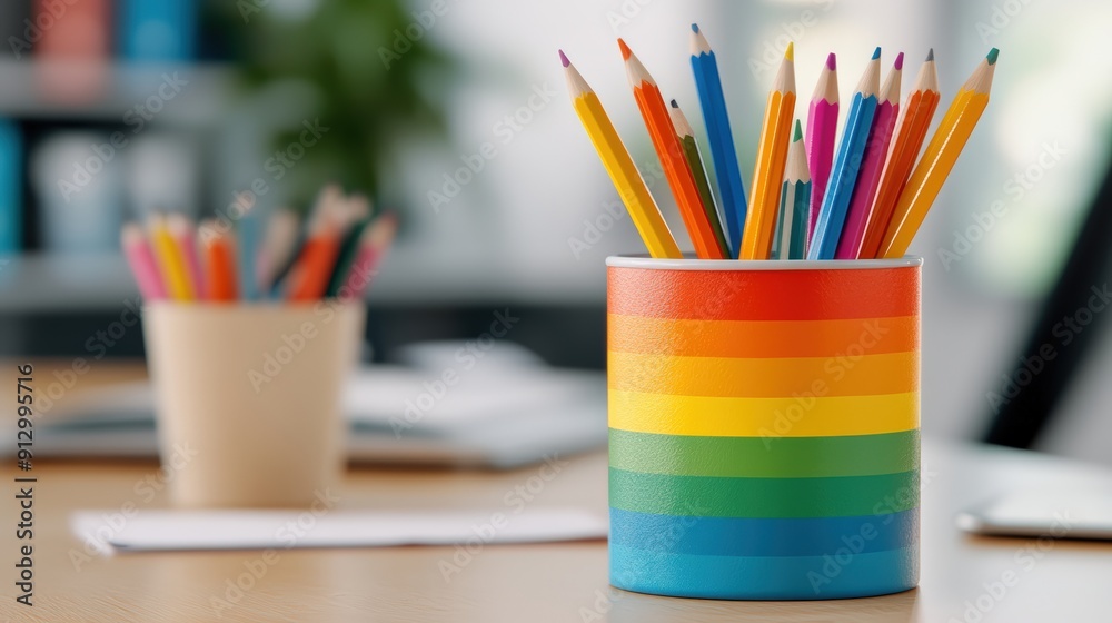 Colorful pencils in a rainbow-striped holder on a desk, symbolizing creativity and productivity in an office or classroom setting. Colorful pencils in a rainbow-striped holder on a desk, symbolizing creativity and productivity in an office or classroom setting.