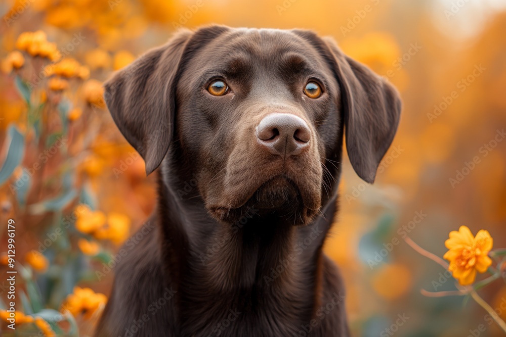 Chocolate labrador retriever dog posing outdoors in autumn Chocolate labrador retriever dog posing outdoors in autumn