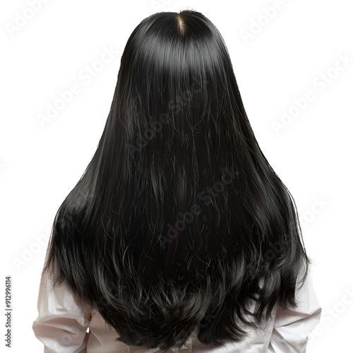 Asian woman with long straight black hair is posing in front of a white background photo