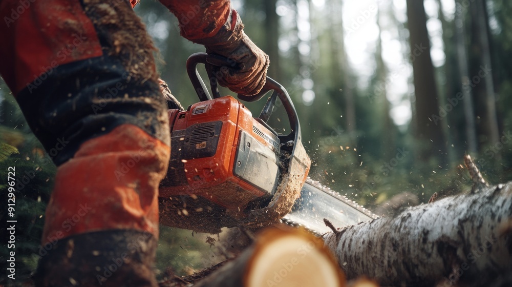 A worker uses a chainsaw to cut through a fallen log in a dense forest, surrounded by trees, with sawdust flying. A worker uses a chainsaw to cut through a fallen log in a dense forest, surrounded by trees, with sawdust flying.