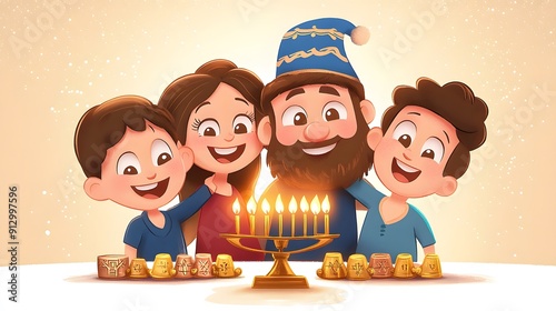 Cartoon family celebrating Hanukkah with a menorah dreidels and gelt photo