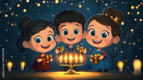 Cartoon family celebrating Hanukkah with a menorah dreidels and gelt photo