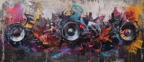 Vibrant graffiti artwork reflecting the essence of music, with colorful artistic motifs on a gritty