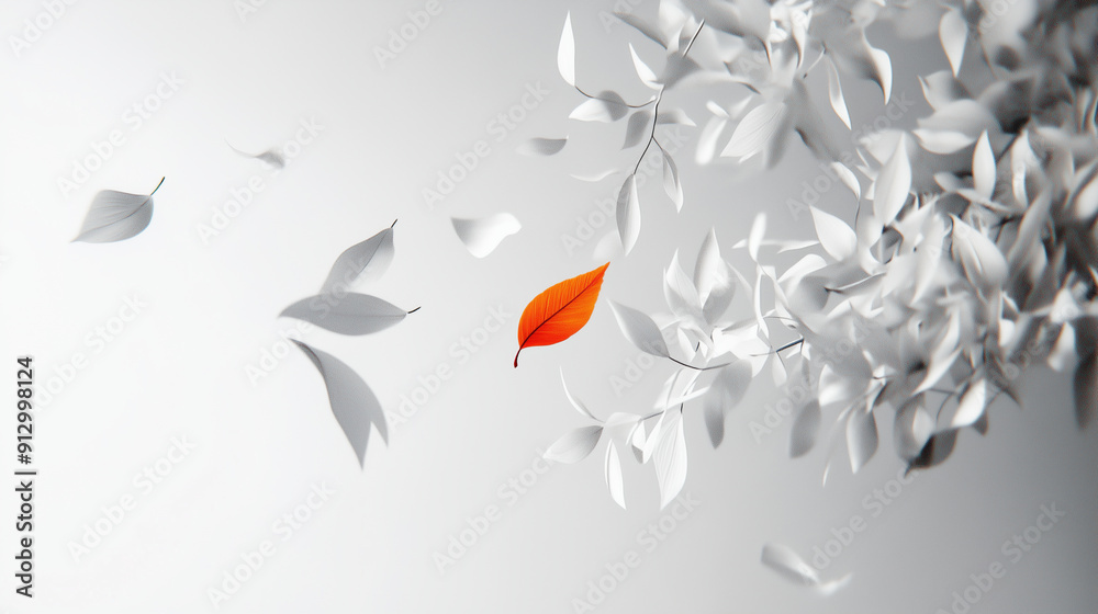 Fototapeta premium White background, white leaves flying in the air, delicate and simple lines, simple composition, white gray color scheme