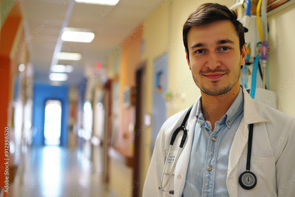 young handsome doctor standing at hospital young handsome doctor standing at hospital