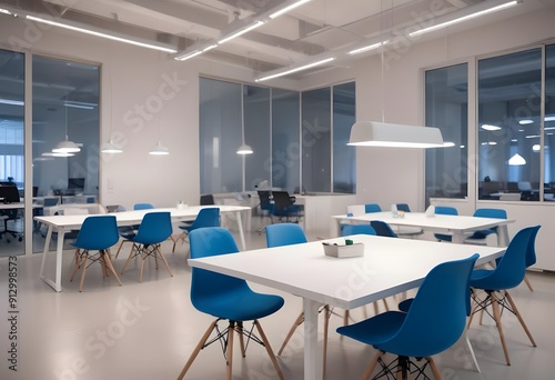 A modern office space with rows of desks, computers, and office chairs. The background is blurred, but the focus is on the organized and functional workspace with potted plants