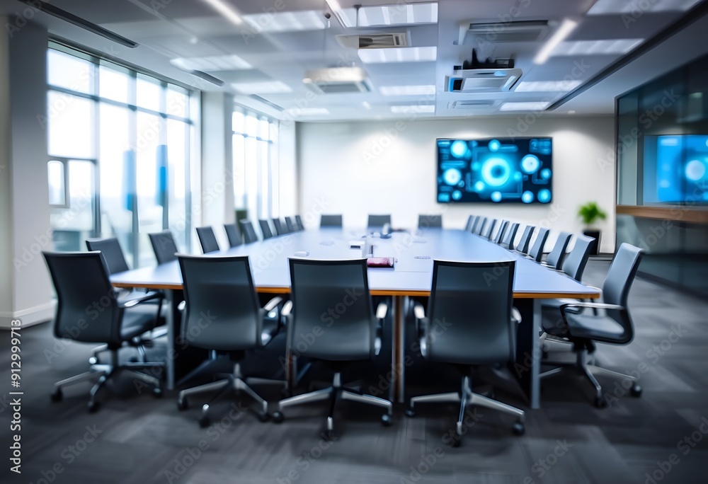 A modern conference room with a large wooden table, black office chairs, and a large TV screen on the wall. The room has bright lighting and large windows overlooking a city skyline A modern conference room with a large wooden table, black office chairs, and a large TV screen on the wall. The room has bright lighting and large windows overlooking a city skyline