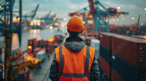 Worker at industrial port wearing safety gear and helmet