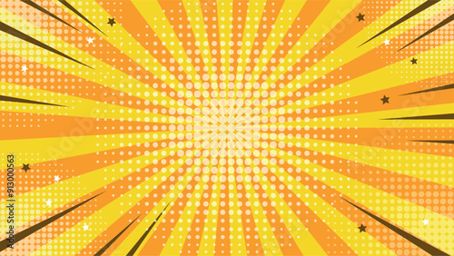 Modern pop art in the style of an abstract comic. The bright background resembles a retro style, combining sun rays and explosive elements. Bright colors emphasize its advertising character.