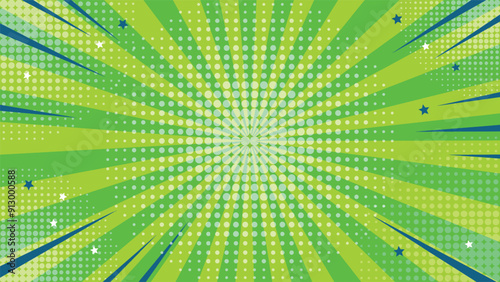 Modern pop art in the style of an abstract comic. The bright background resembles a retro style, combining sun rays and explosive elements. Bright colors emphasize its advertising character.